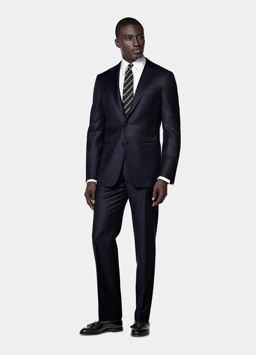 Costume Havana coupe Tailored bleu marine &agrave; carreaux