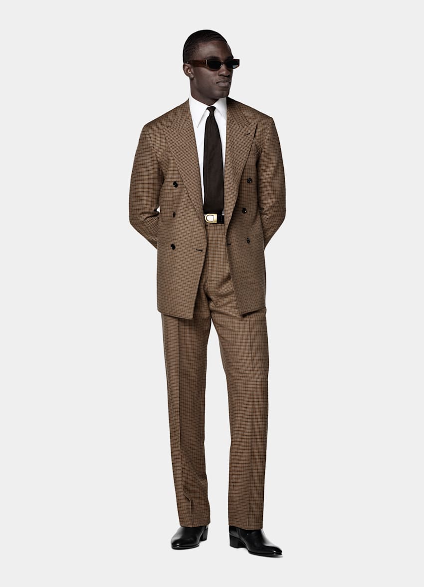 Mid Brown Checked Relaxed Fit Roma Suit