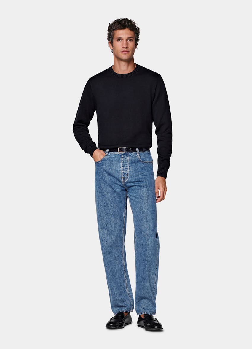 Mid Blue Straight Leg Tapered Jeans