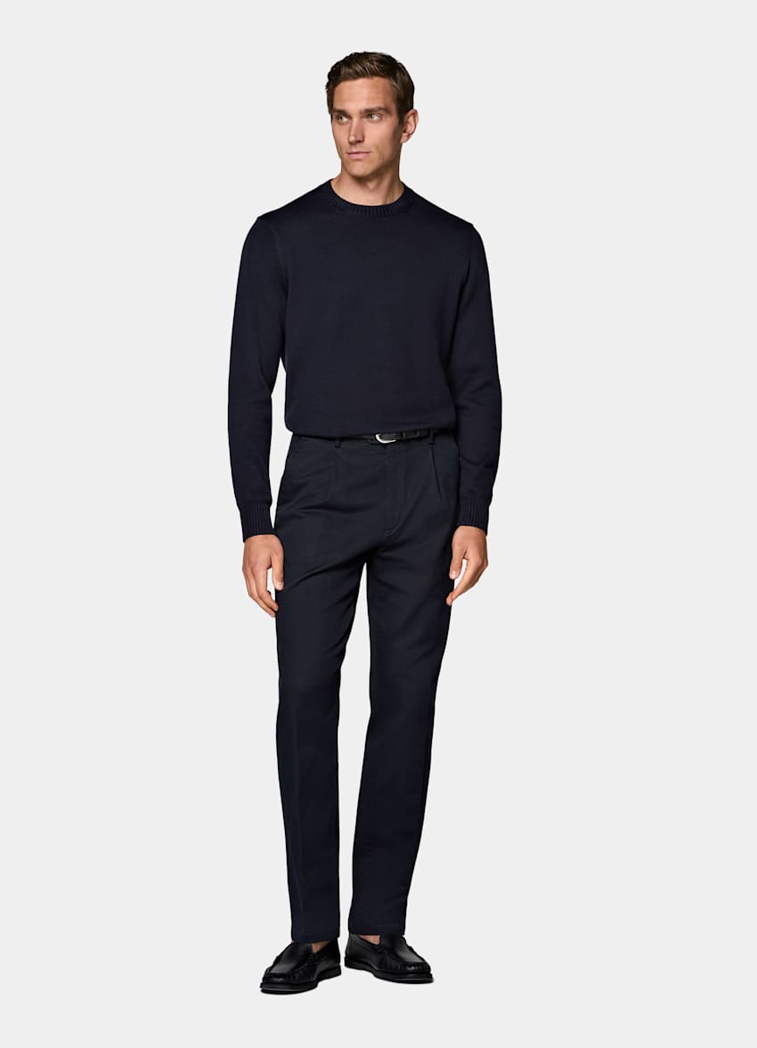 Navy Wide Leg Tapered Chinos