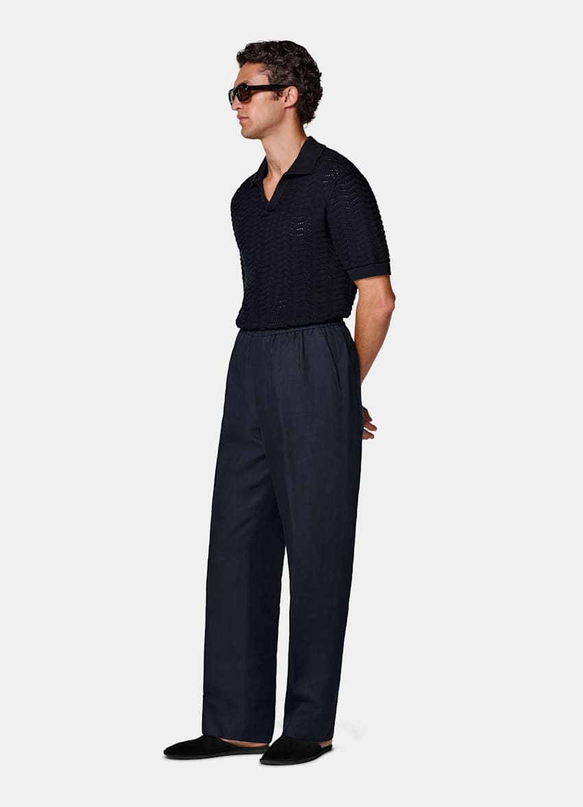 Navy Wide Leg Straight Trousers