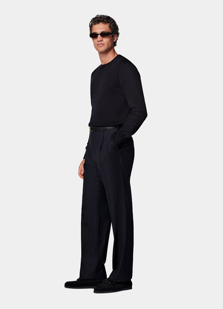 Navy Wide Leg Straight Trousers