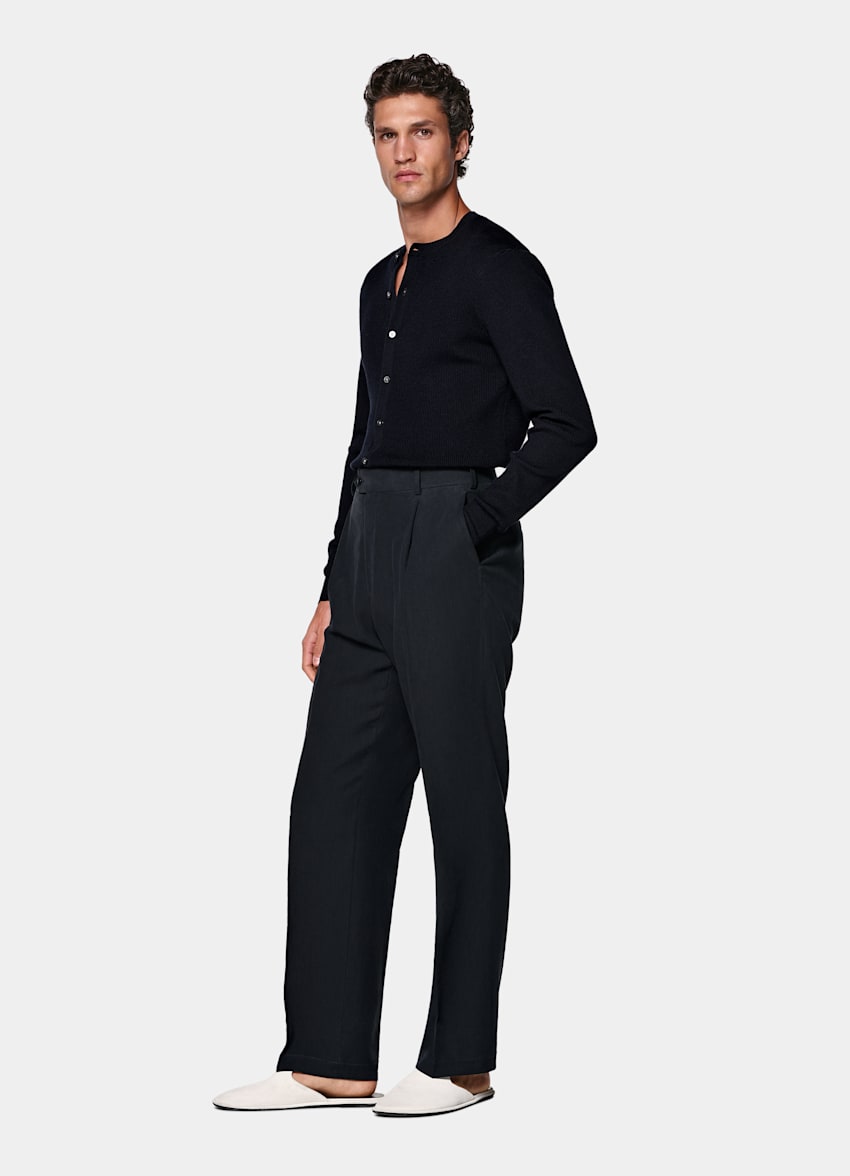 Navy Wide Leg Straight Suit Trousers