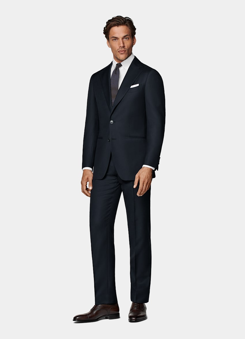 Navy Bird's Eye Slim Leg Straight Suit Trousers