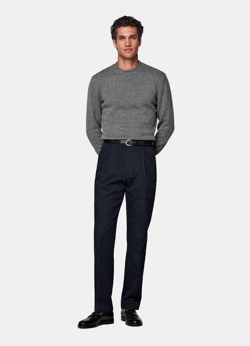 Navy Wide Leg Tapered Chinos