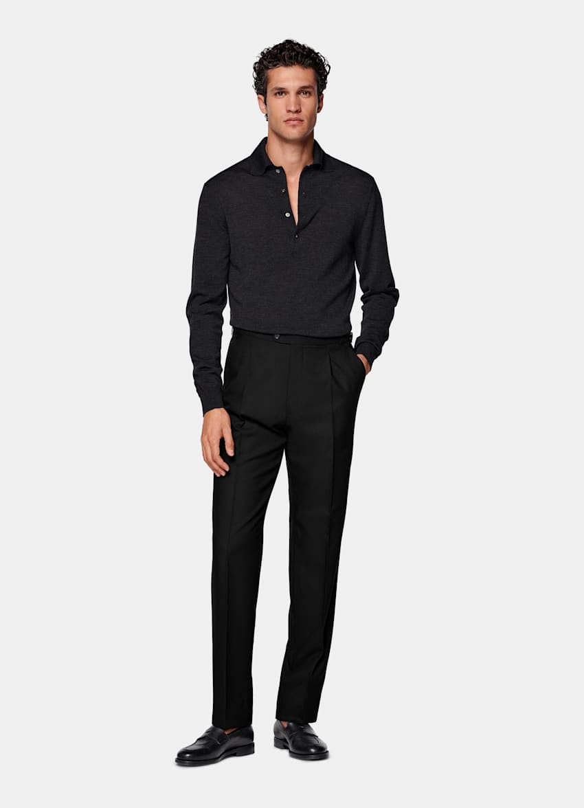 Black Wide Leg Tapered Suit Trousers