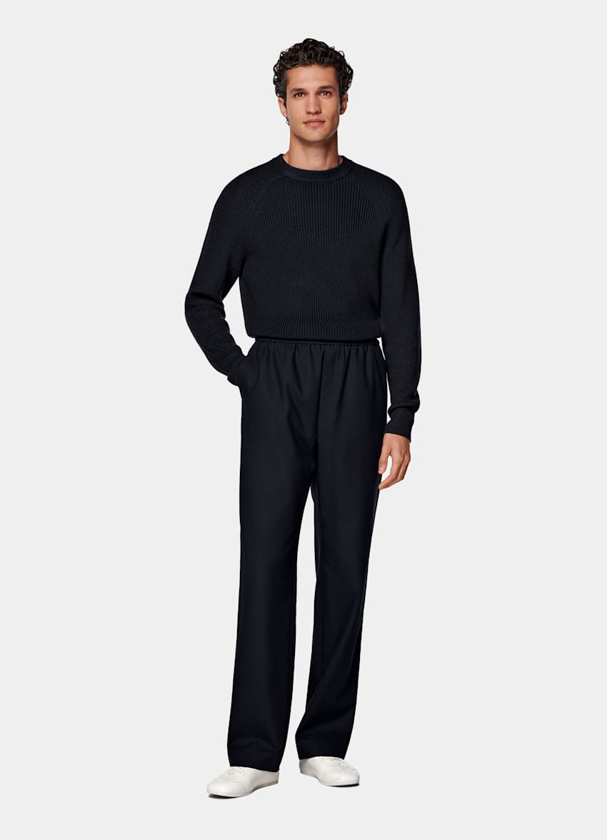 Navy Wide Leg Straight Trousers