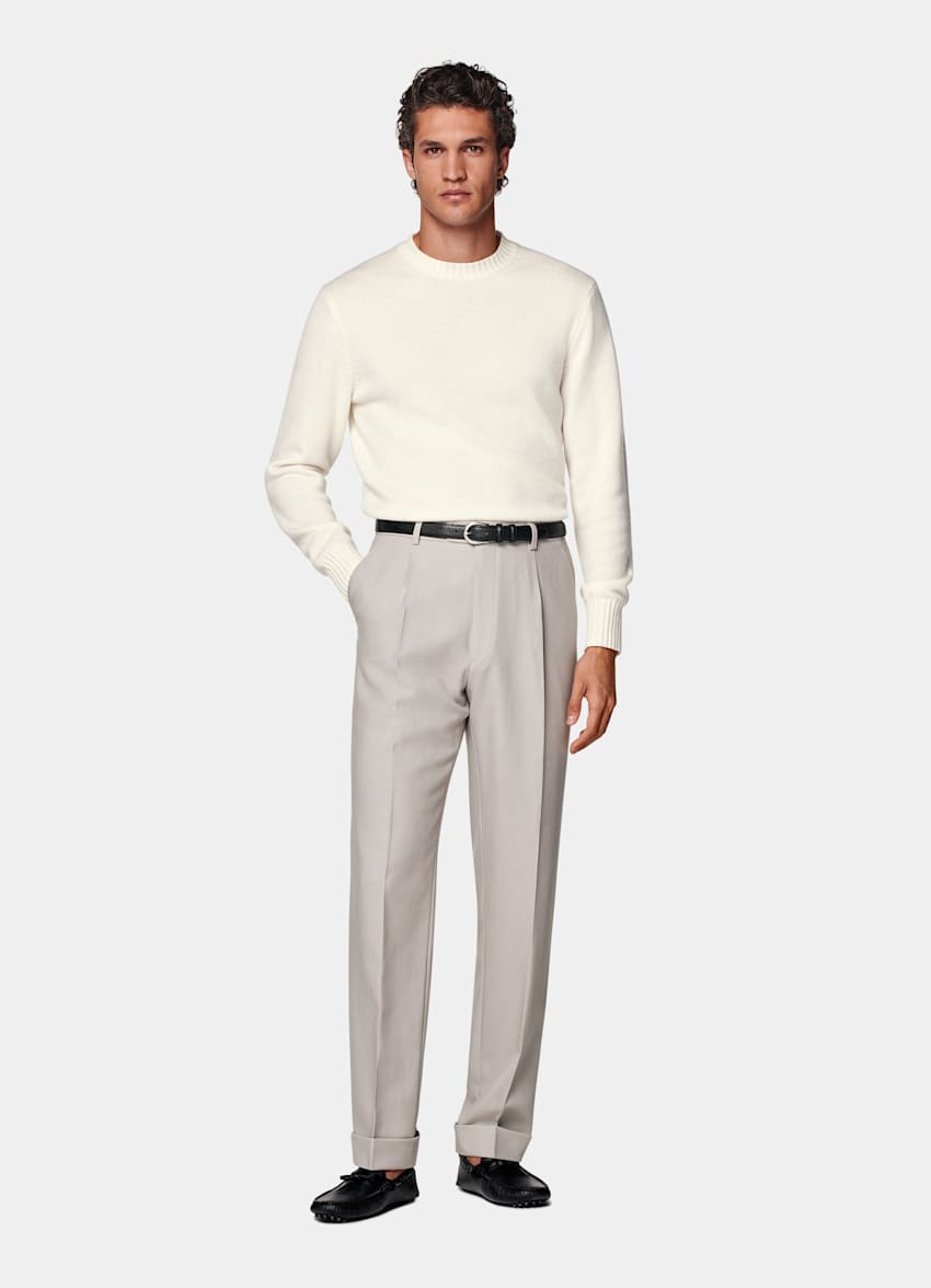 Light Taupe Wide Leg Tapered Suit Trousers