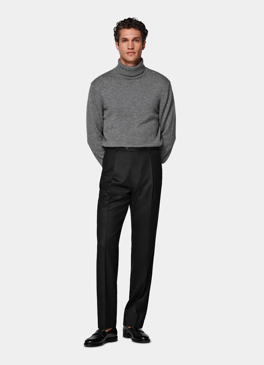 Black Wide Leg Tapered Suit Trousers