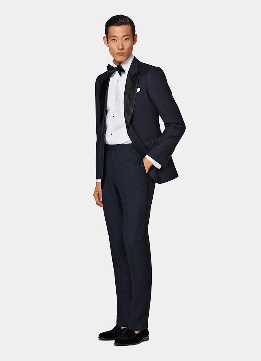 Navy Slim Leg Straight Tuxedo Trousers