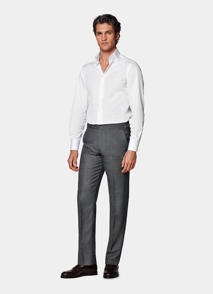 Dark Grey Bird's Eye Slim Leg Straight Suit Trousers