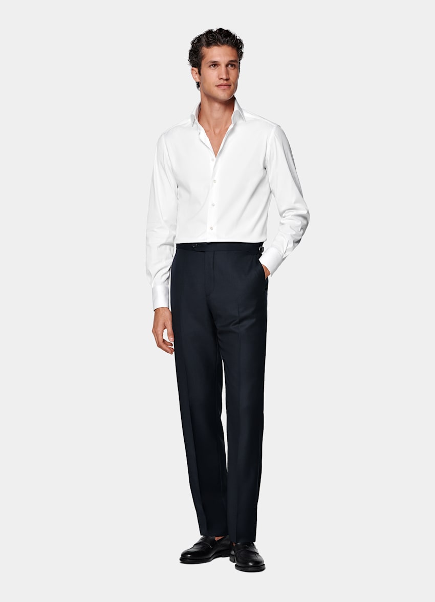 Navy Bird's Eye Straight Leg Suit Trousers
