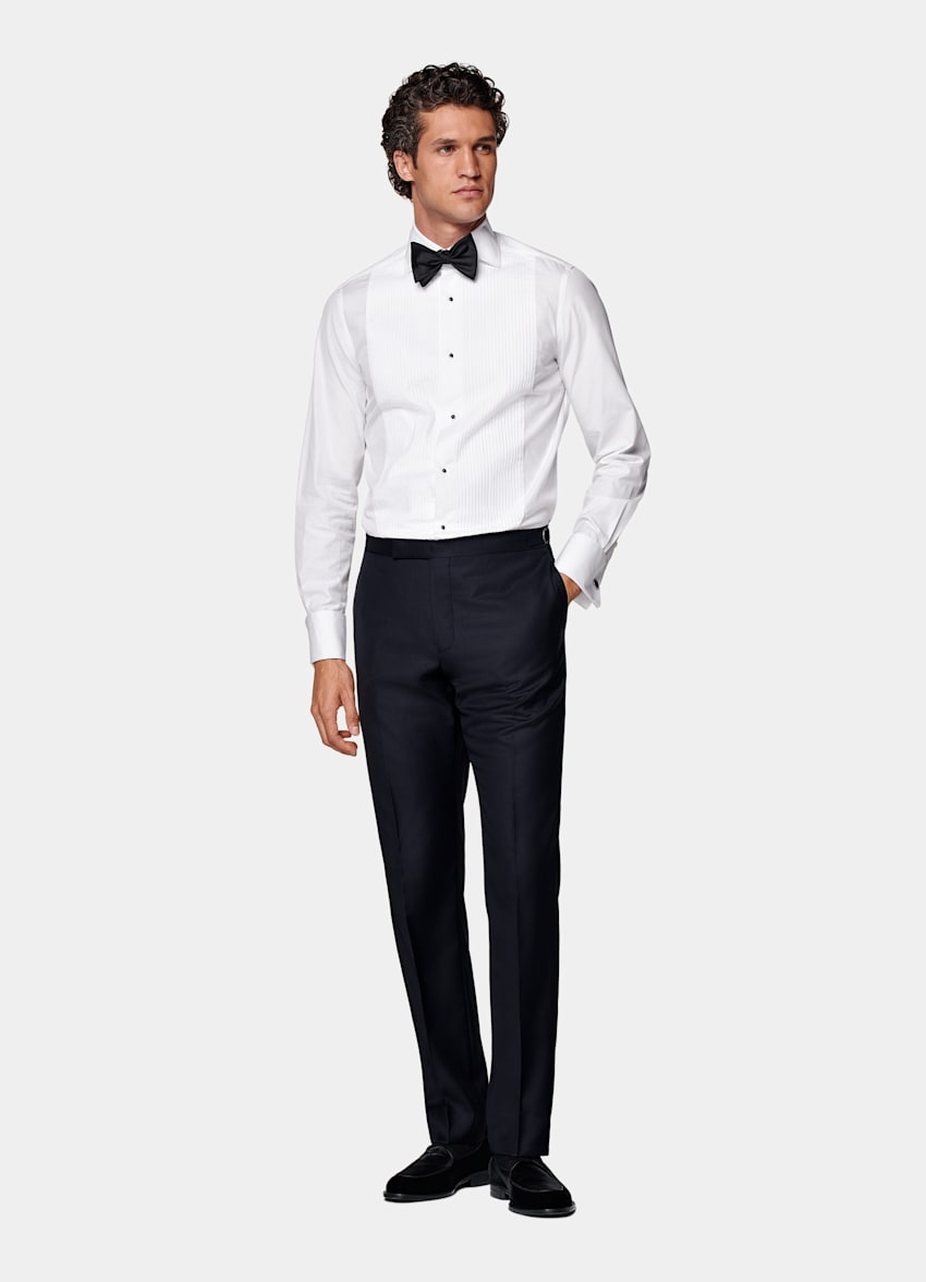 Navy Slim Leg Straight Tuxedo Trousers