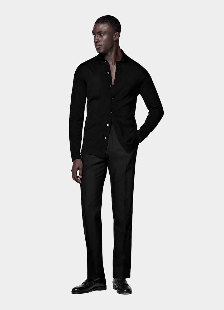 Cárdigan polo negro de manga larga merino