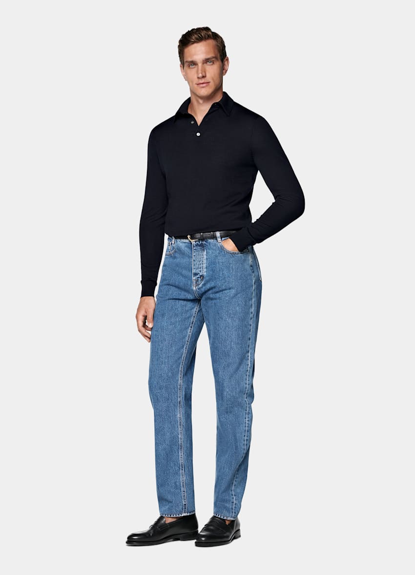 Navy Merino Long Sleeve Polo