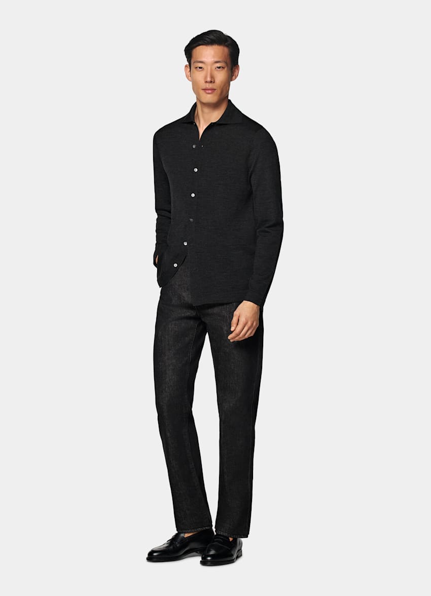 Dark Grey Merino Long Sleeve Polo Cardigan
