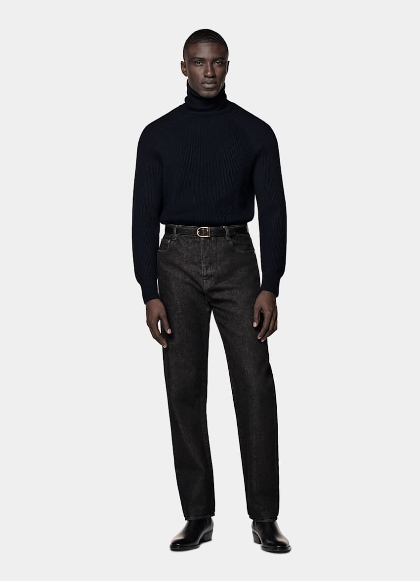 Merino Rollkragenpullover navy Rippstrick