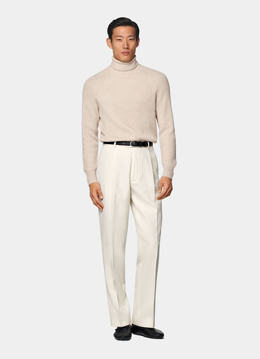 Merino Rollkragenpullover sand Rippstrick
