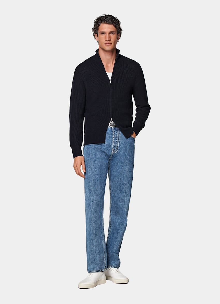 Navy Ribbed Zip Cardigan