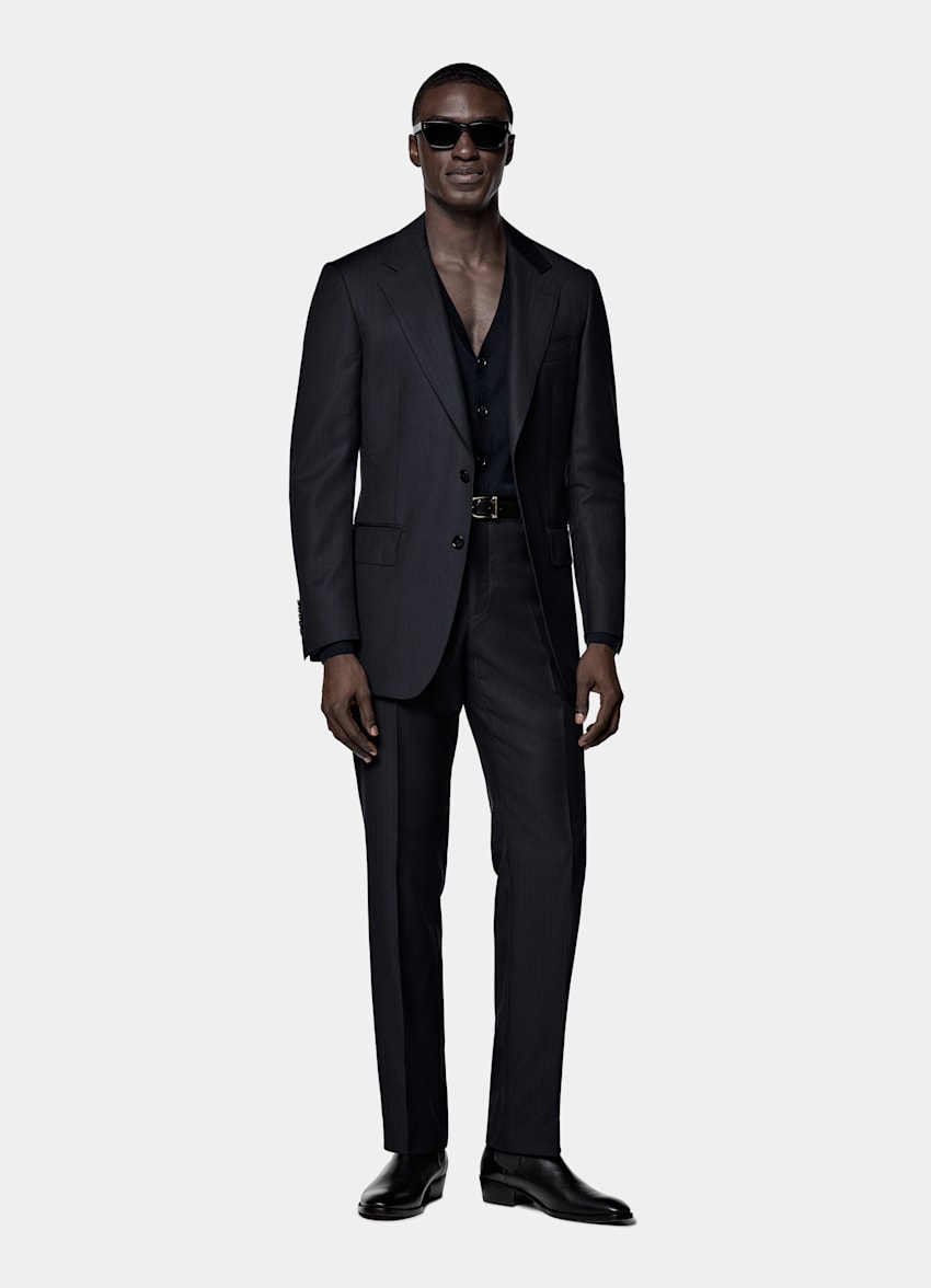 Navy Striped Tailored Fit Milano Suit
