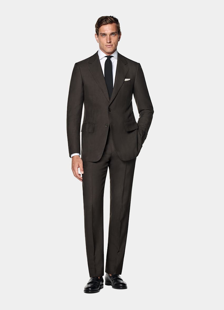 Dark Brown Herringbone Tailored Fit Milano Suit