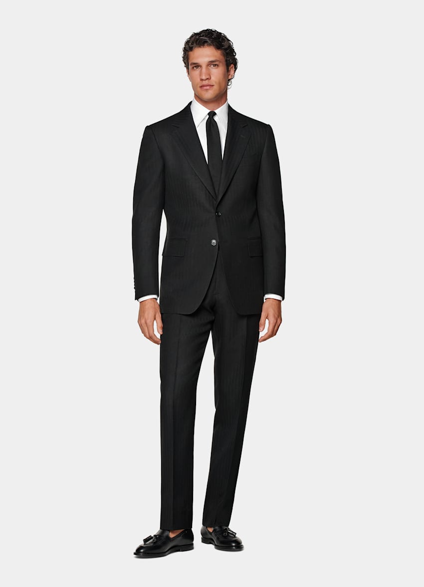 Black Herringbone Tailored Fit Milano Suit