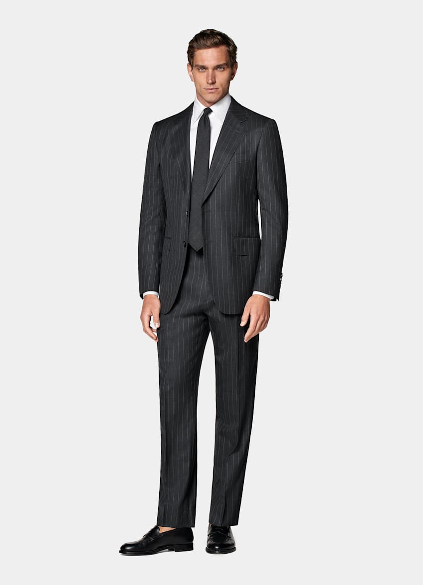 Dark Grey Striped Tailored Fit Milano Suit