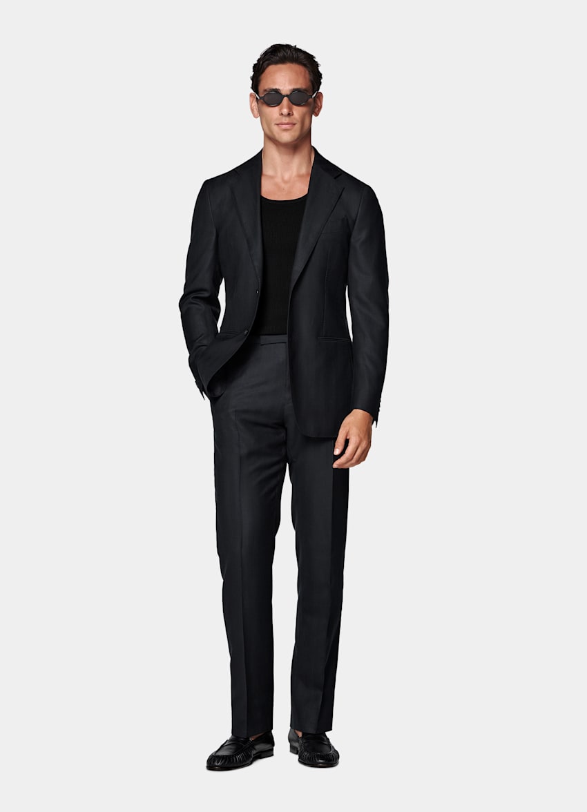 Navy Herringbone Tailored Fit Havana Suit
