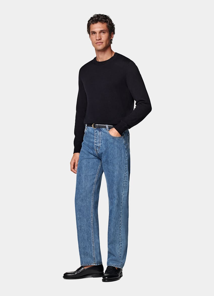 Mid Blue Straight Leg Tapered Jeans