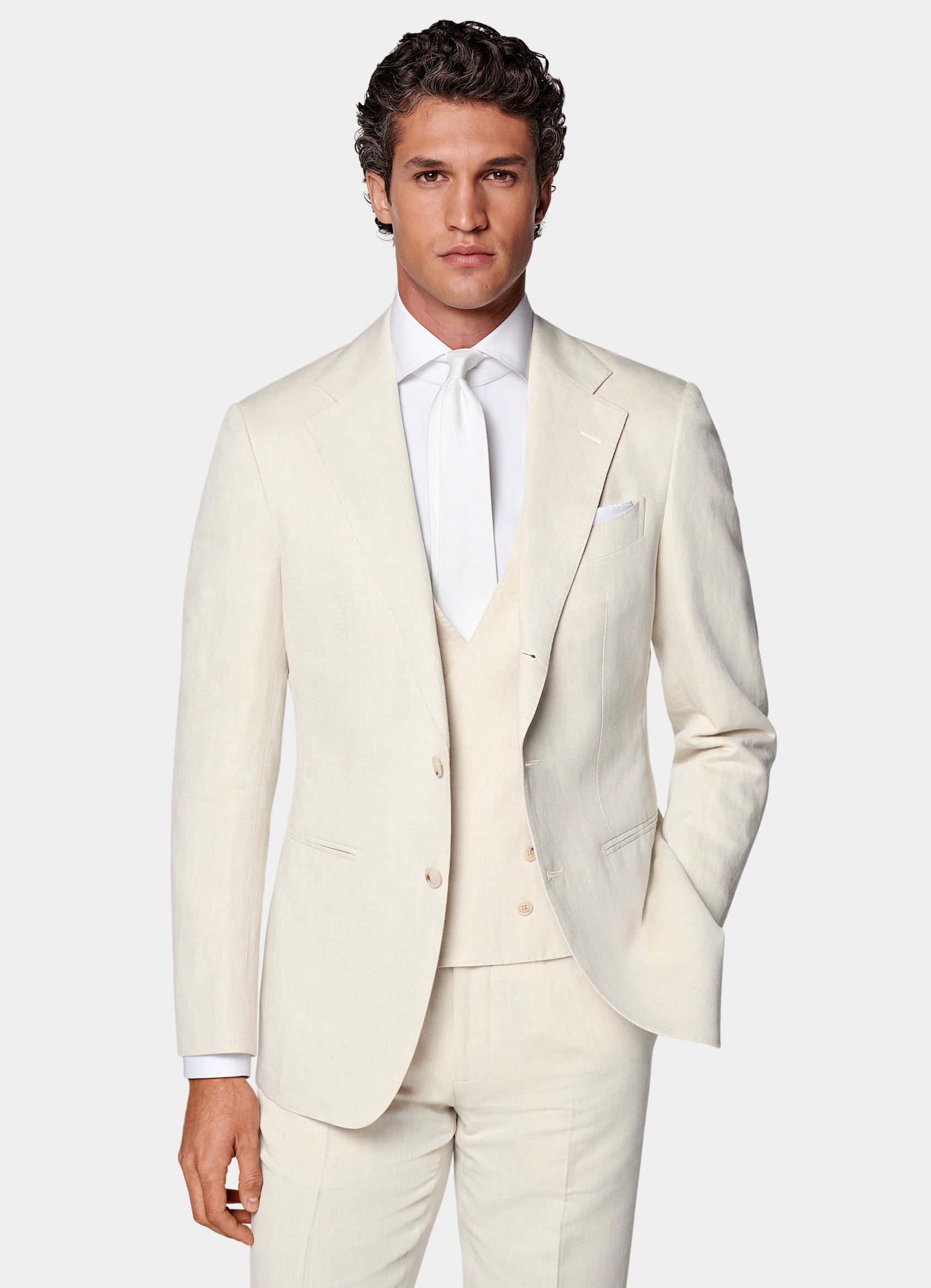 SUITSUPPLY Summer Linen Cotton by Di Sondrio, Italy Sand Three-Piece Tailored Fit Havana Suit