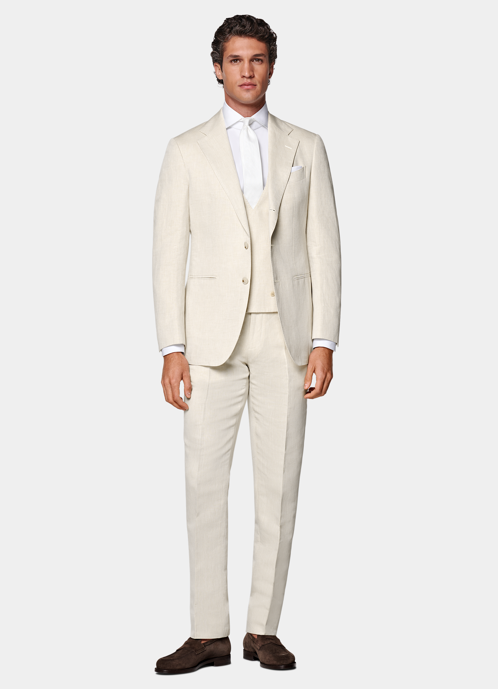 SUITSUPPLY Summer Linen Cotton by Di Sondrio, Italy Sand Three-Piece Tailored Fit Havana Suit