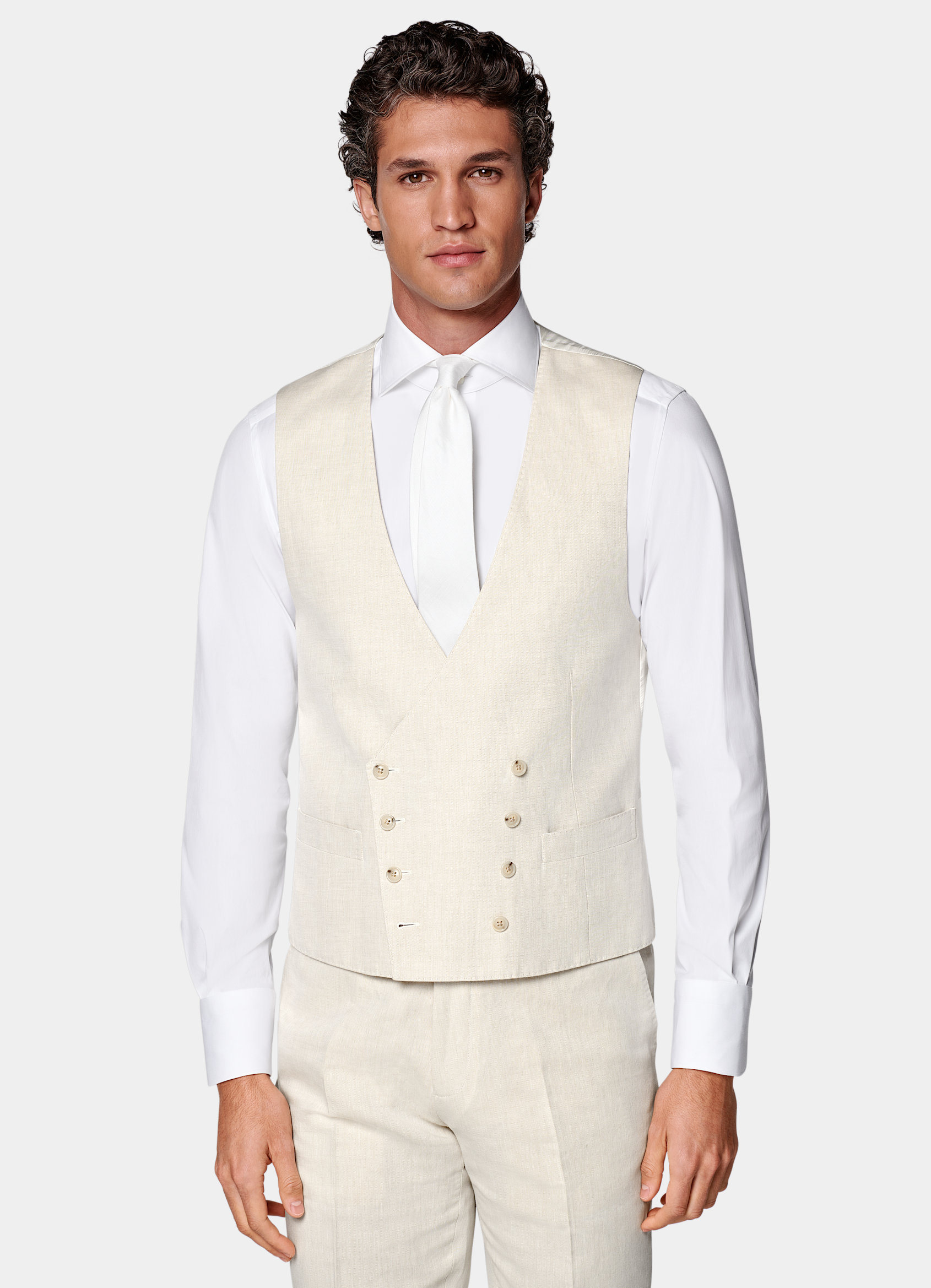 SUITSUPPLY Summer Linen Cotton by Di Sondrio, Italy Sand Three-Piece Tailored Fit Havana Suit