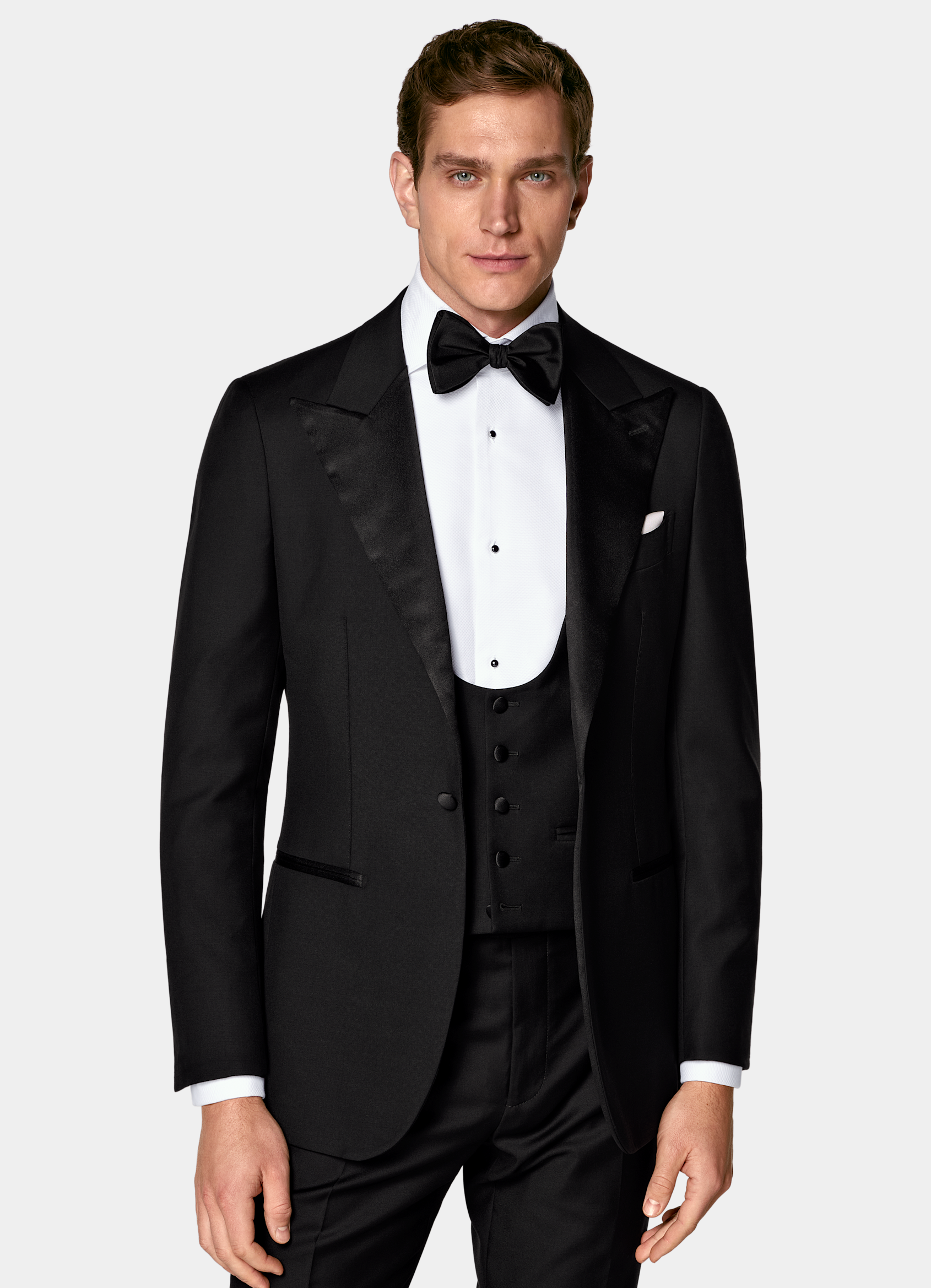 SUITSUPPLY All season Pure laine S110 par Vitale Barberis Canonico, Italie Smoking Havana trois pièces coupe Tailored noir