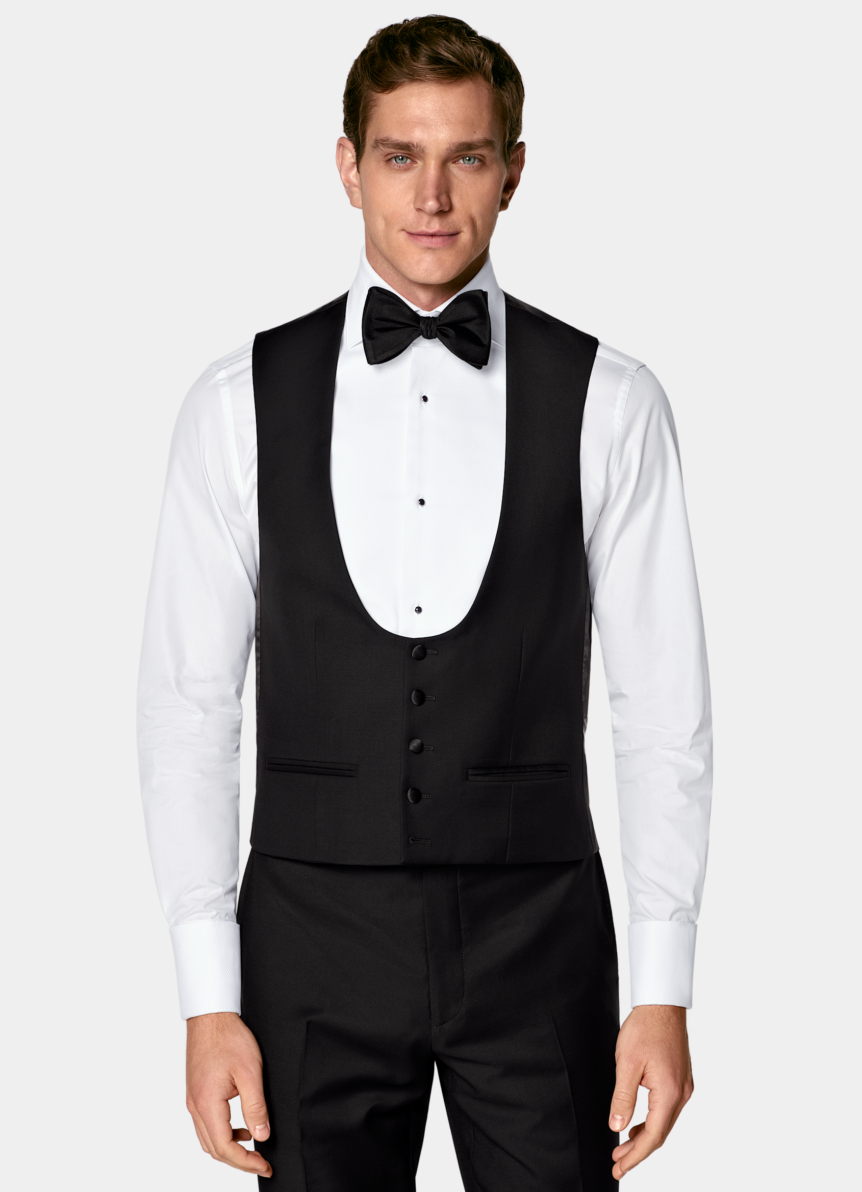 SUITSUPPLY All season Pure laine S110 par Vitale Barberis Canonico, Italie Smoking Havana trois pièces coupe Tailored noir