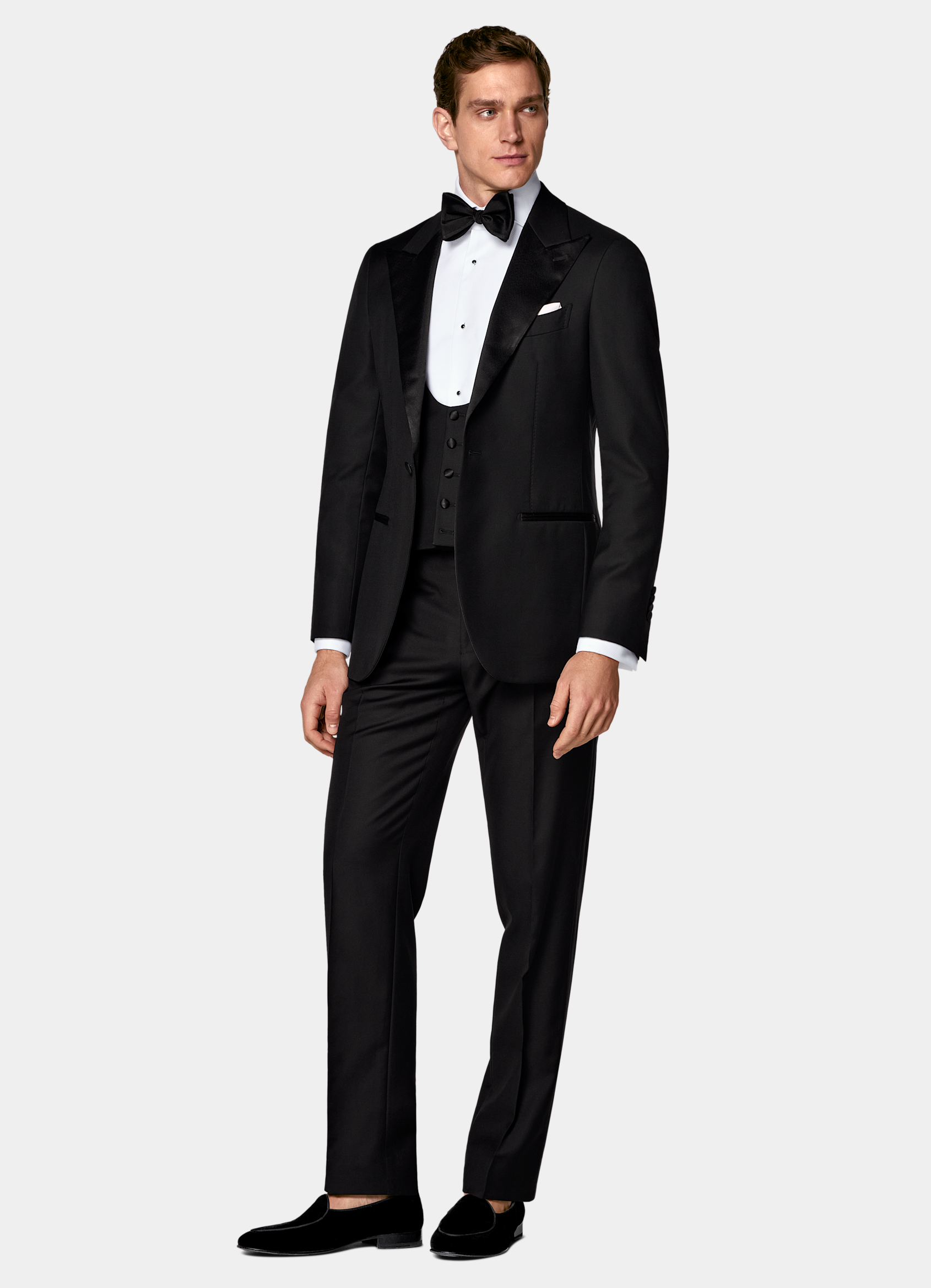 SUITSUPPLY All season Pure laine S110 par Vitale Barberis Canonico, Italie Smoking Havana trois pièces coupe Tailored noir