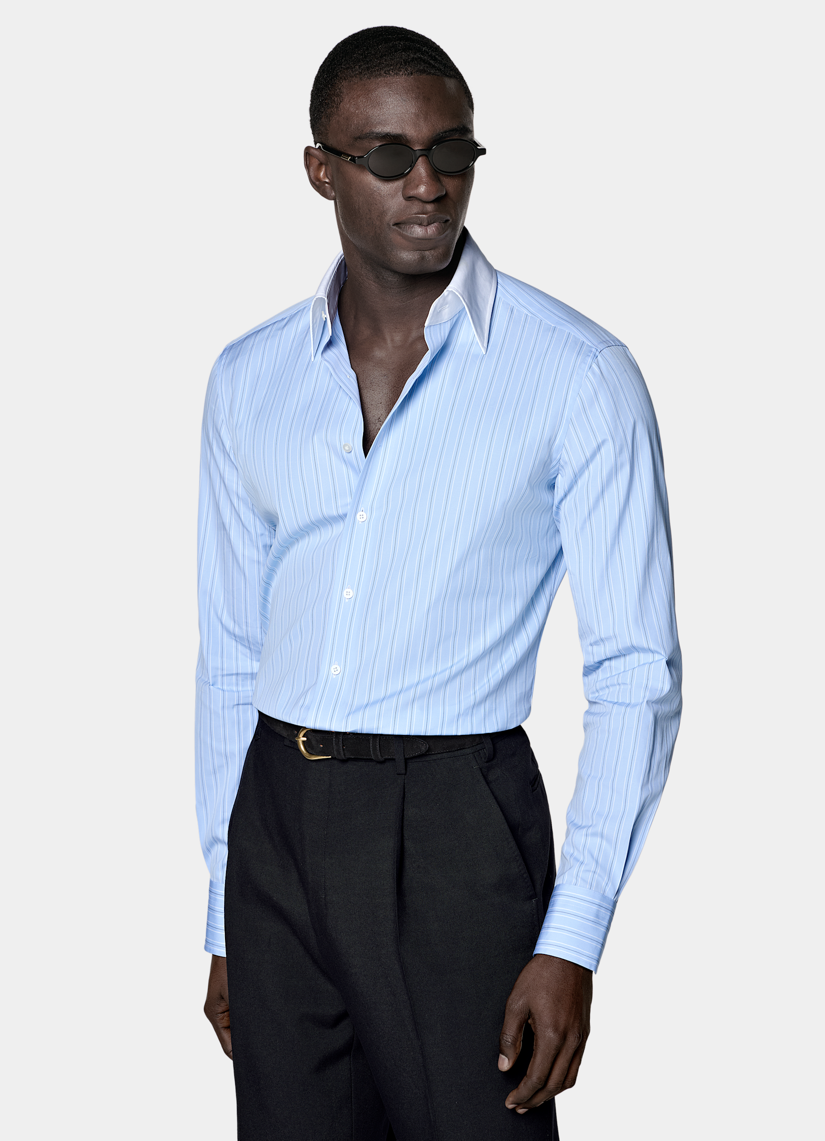 SUITSUPPLY Egyptian Cotton by Thomas Mason, Italy Light Blue Striped Point Collar Shirt
