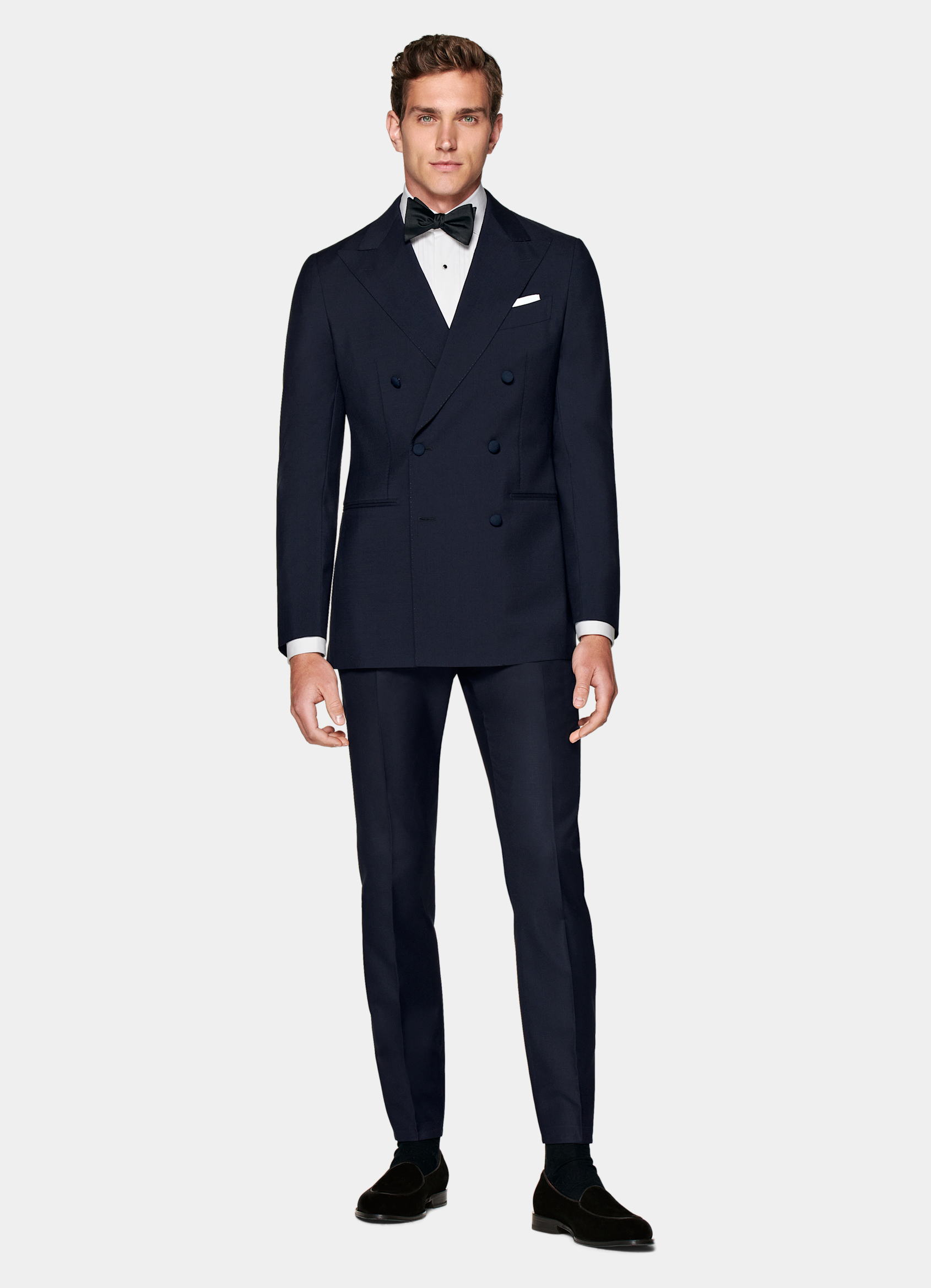 Gray blazer + navy tie + white dress shirt + navy pants + black loafers