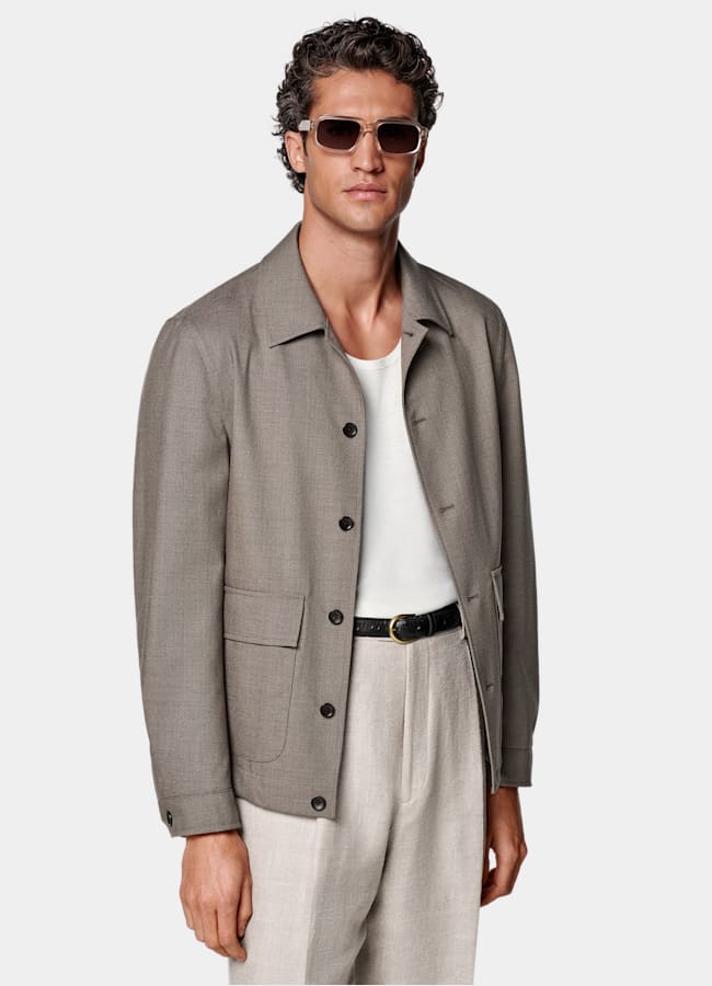 SUITSUPPLY Wrinkle-Free 4-Ply Wool by Rogna, Italy Taupe Bomber Jacket