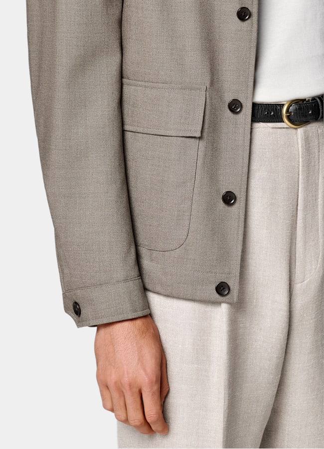 SUITSUPPLY Wrinkle-Free 4-Ply Wool by Rogna, Italy Taupe Bomber Jacket