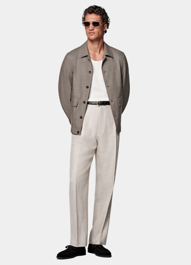 SUITSUPPLY Wrinkle-Free 4-Ply Wool by Rogna, Italy Taupe Bomber Jacket