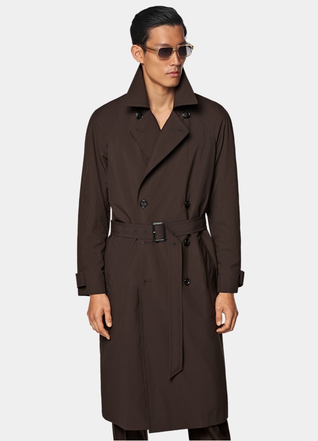 SUITSUPPLY Water-Repellent Technical Fabric by Olmetex, Italy Dark Brown Belted Trench Coat