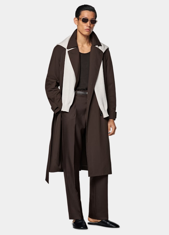 SUITSUPPLY Water-Repellent Technical Fabric by Olmetex, Italy Dark Brown Belted Trench Coat