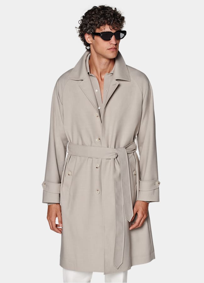 SUITSUPPLY Wrinkle-Free 4-Ply Wool by Rogna, Italy Light Taupe Belted Overcoat