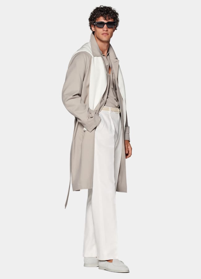 SUITSUPPLY Wrinkle-Free 4-Ply Wool by Rogna, Italy Light Taupe Belted Overcoat