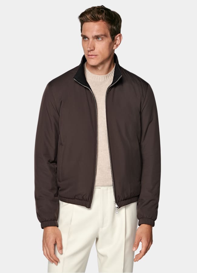 SUITSUPPLY Water-Repellent Technical Fabric by Olmetex, Italy Dark Brown Reversible Bomber Jacket