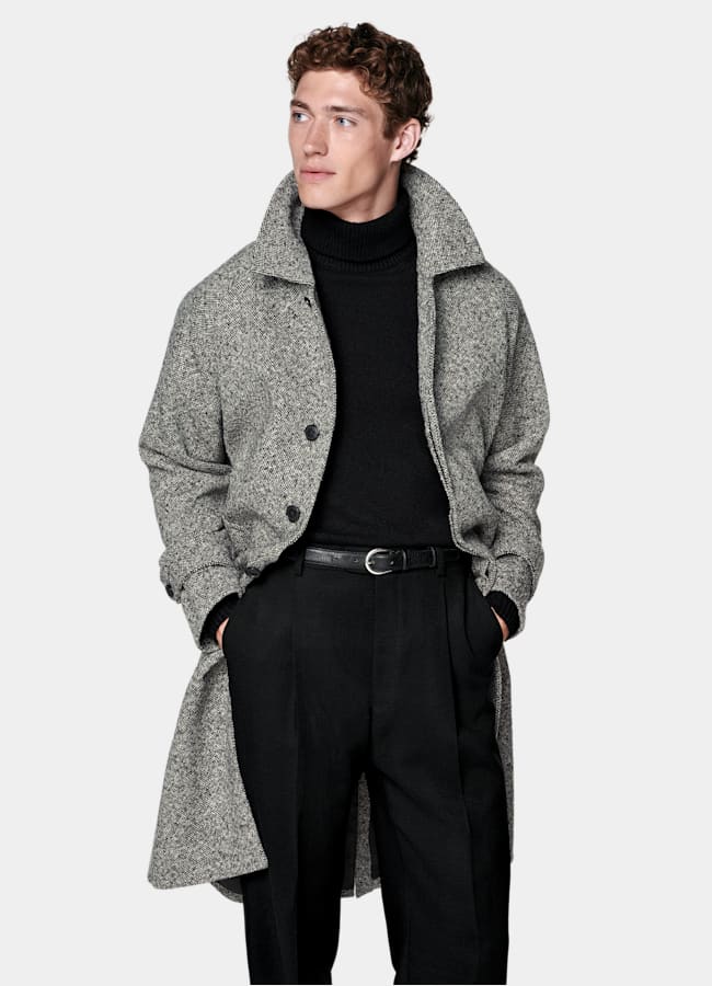 SUITSUPPLY Pure Wool by Moessmer, Italy Black Relaxed Raglan Overcoat