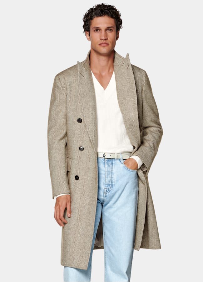 SUITSUPPLY Wolle Kaschmir von E.Thomas, Italien Grüner Mantel im Fischgrätmuster