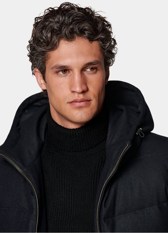 SUITSUPPLY Water-Repellent Wool by Vitale Barberis Canonico, Italy Navy Long Down Jacket