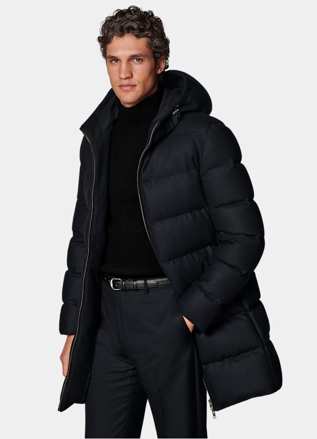 SUITSUPPLY Water-Repellent Wool by Vitale Barberis Canonico, Italy Navy Long Down Jacket