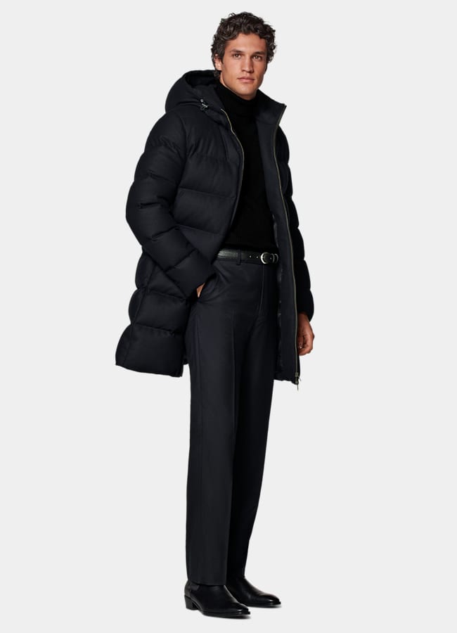 SUITSUPPLY Water-Repellent Wool by Vitale Barberis Canonico, Italy Navy Long Down Jacket